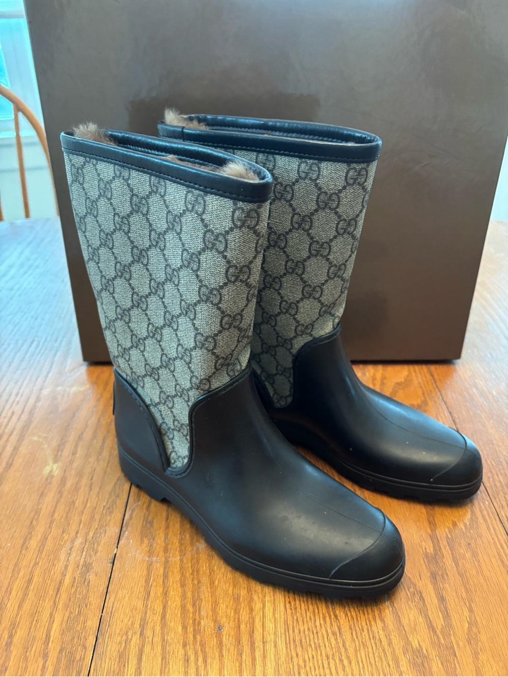 Gucci Black Rubber & Beige GG Canvas Mid-Calf Rain Boots